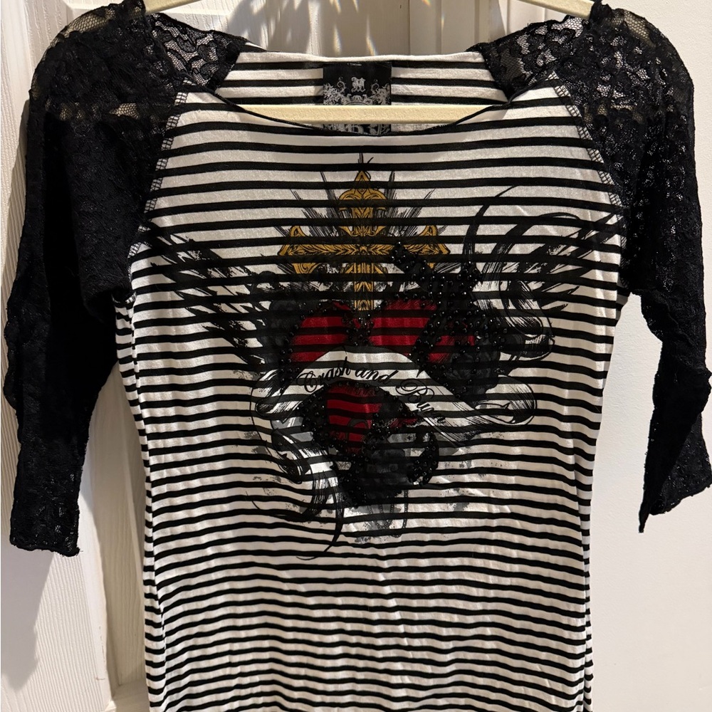 Crash & Burn Black and White Striped Top with Lace Sleeves